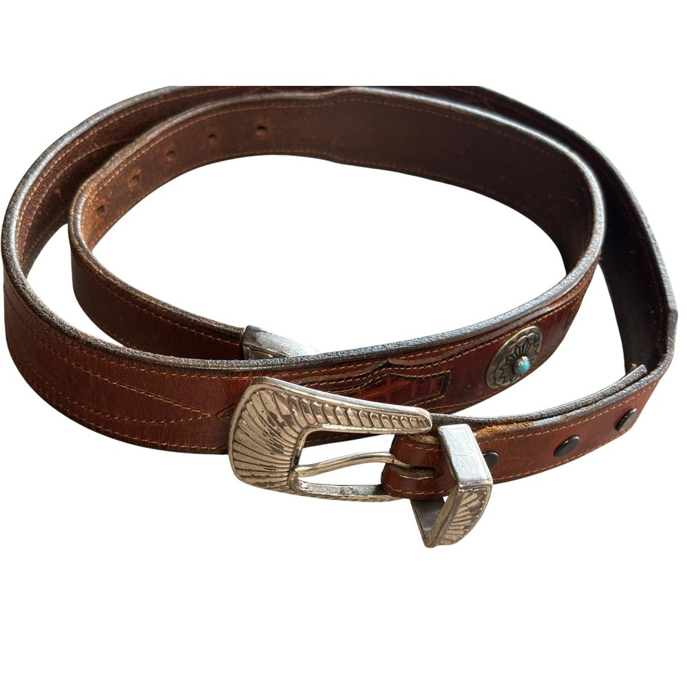 Vintage 1996 Western Brown Leather Belt Alligator Embossed Turquoise Concho 35